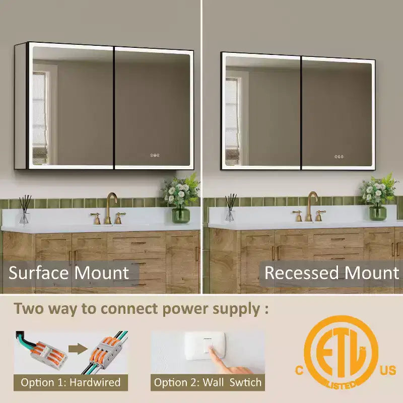 Armoire de toilette avec miroir LED, montage en saillie ou encastré, lumière dimmable, anti-buée, étagères réglables