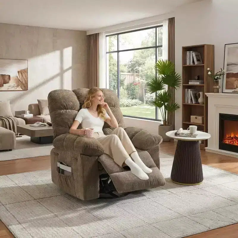 Fauteuil de massage inclinable et chauffant – Fauteuil à bascule pivotant à 360°, canapé simple surdimensionné avec vibration, port USB et poches de rangement pour salon/chambre