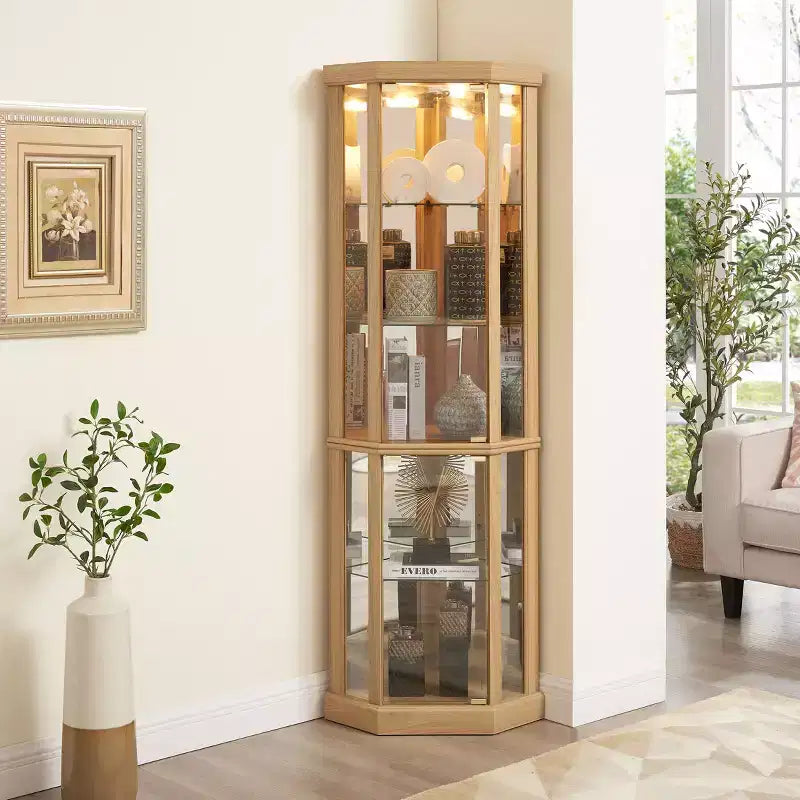 Vitrine d'angle avec portes et étagères en verre, Meuble de présentation d'angle pour salon