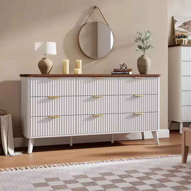 Commode cannelée à 9 tiroirs, commode moderne, meuble TV en bois, design à profil incurvé, pour salon, couloir
