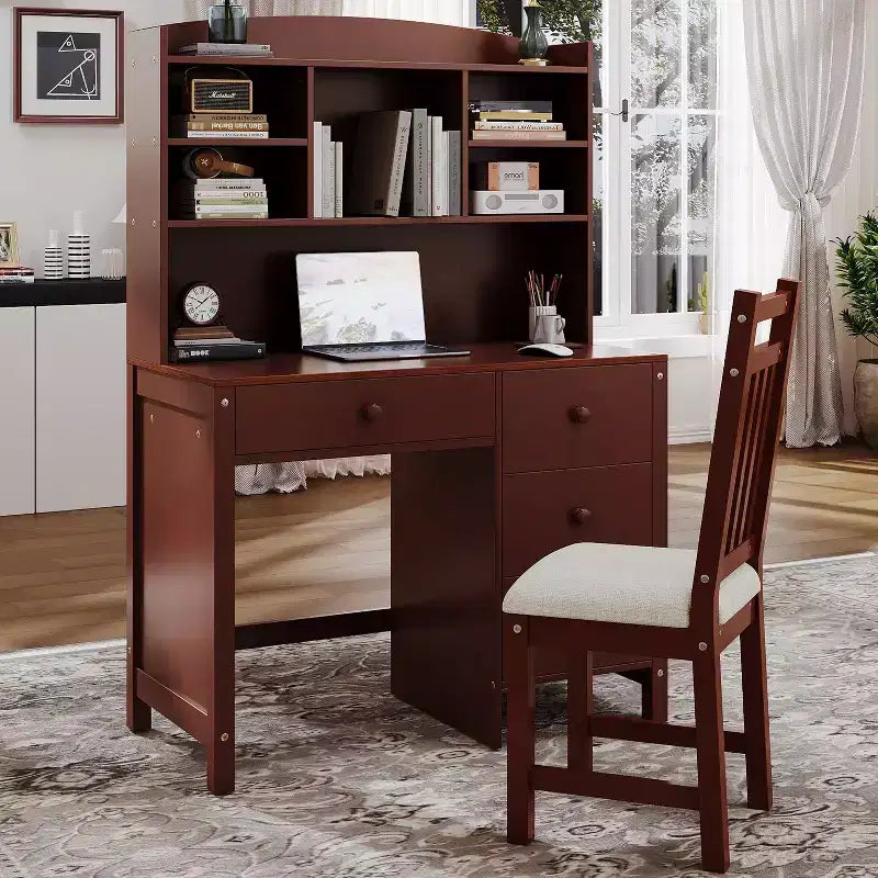 Bureau d'ordinateur en bois moderne Okak pour la maison avec plateau/chaise et étagère, bureau d'écriture de rangement pour adolescents et étudiants pour l'étude, le bureau