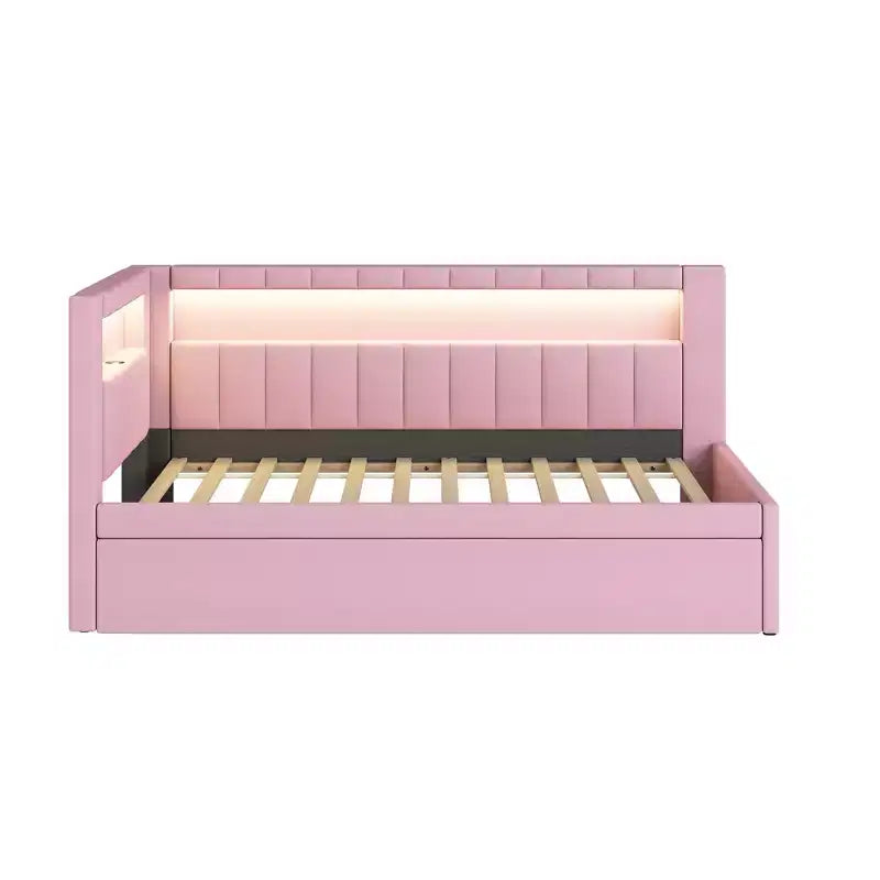 Lit de repos double/complet avec tiroir gigogne et tête de lit bibliothèque en L, lit d'angle doux rembourré en lin avec étagères de rangement et bande LED