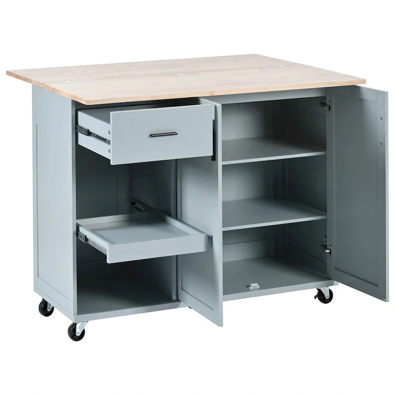 Îlot de cuisine avec plan de travail pliable, desserte de rangement de cuisine avec étagère coulissante, porte-serviettes et tiroir, roulettes.
