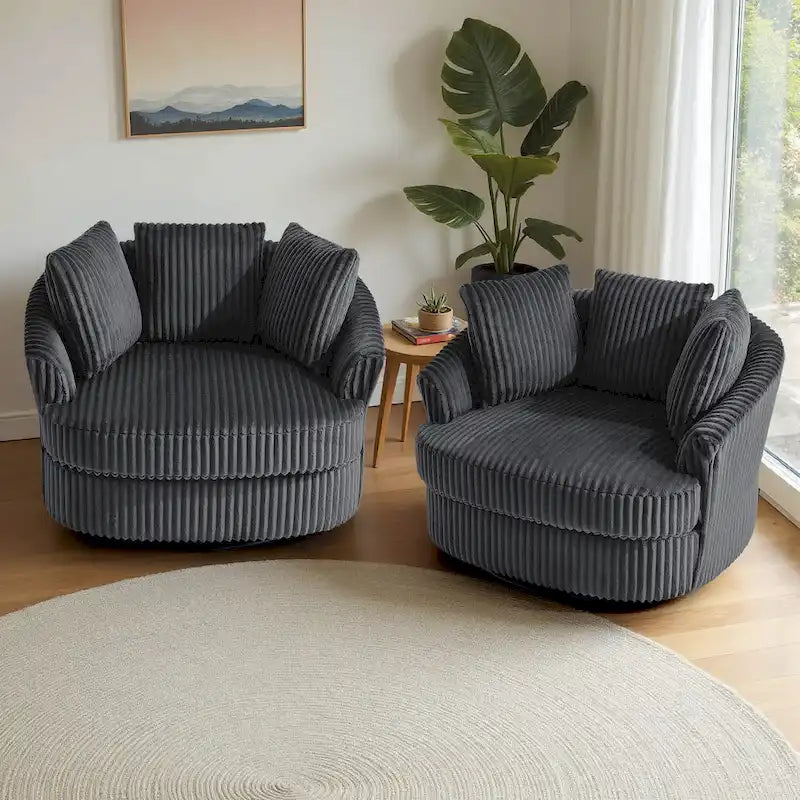 Lot de 2 fauteuils pivotants ronds surdimensionnés en velours côtelé moelleux de 43 po de large avec oreillers