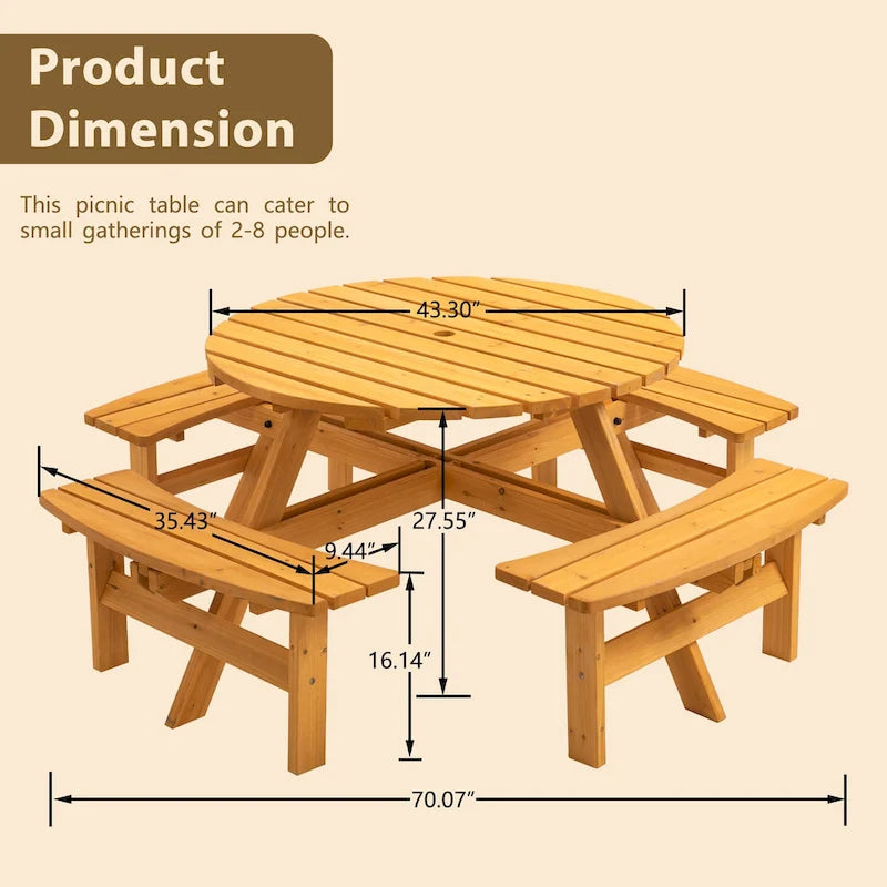 Ensemble de salle à manger rond en bois de sapin pour patio extérieur 8 personnes avec 4 bancs intégrés et trou pour parasol
