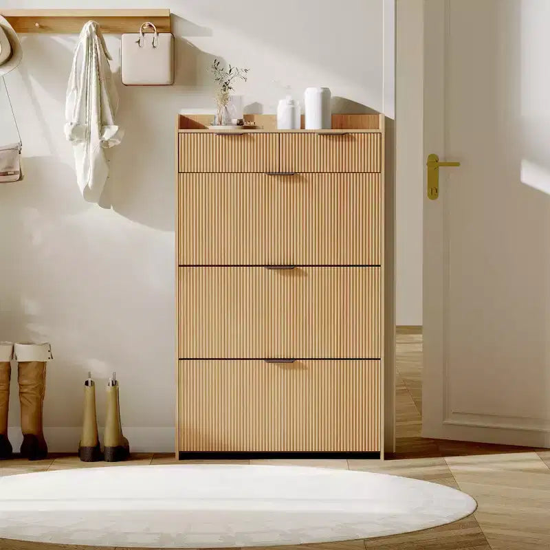 Meuble à chaussures moderne blanc avec 3 tiroirs basculants et 2 petits tiroirs et crochet, organiseur de rangement à chaussures fin cannelé, meuble d'entrée étroit
