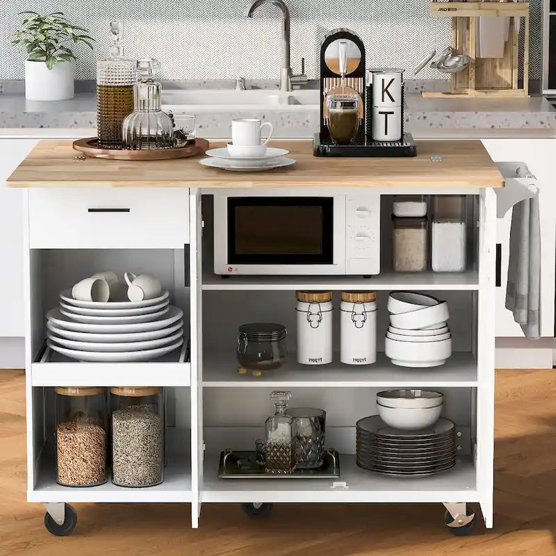 Îlot de cuisine avec plan de travail pliable, desserte de rangement de cuisine avec étagère coulissante, porte-serviettes et tiroir, roulettes.