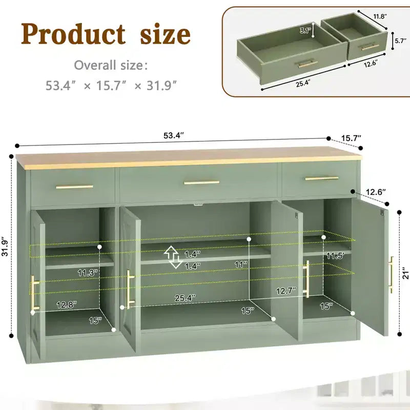 Buffet de cuisine Celebalcony avec rangement, grand buffet de cuisine de 135,6 cm avec 3 tiroirs et 4 portes, étagère réglable pour cuisine, salon