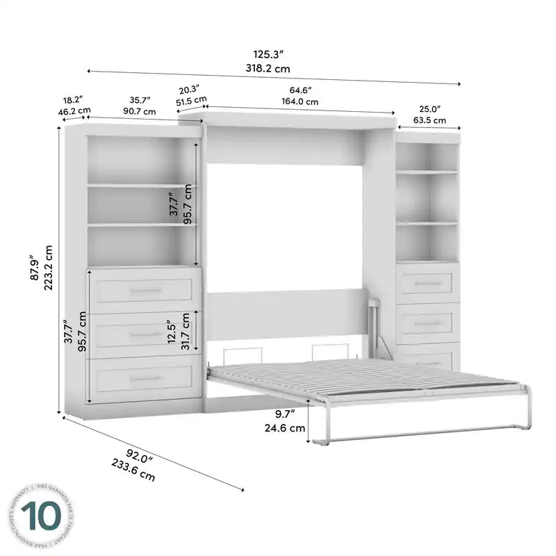 Lit mural Murphy avec deux étagères à tiroirs de 126 pouces