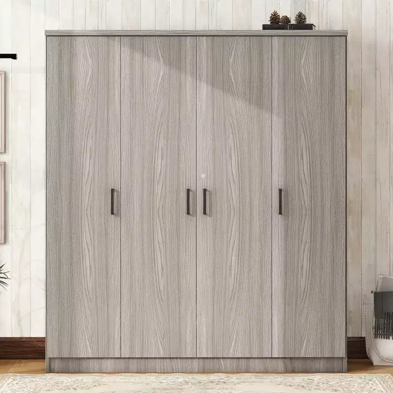 Armoire 4 portes en bois avec tringle, 1 tiroir et étagères de rangement