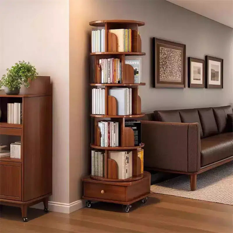 Bibliothèque d'angle pivotante à 360° Chic Crate à 6 niveaux avec roulettes, étagère étroite pour petits espaces, marron noyer