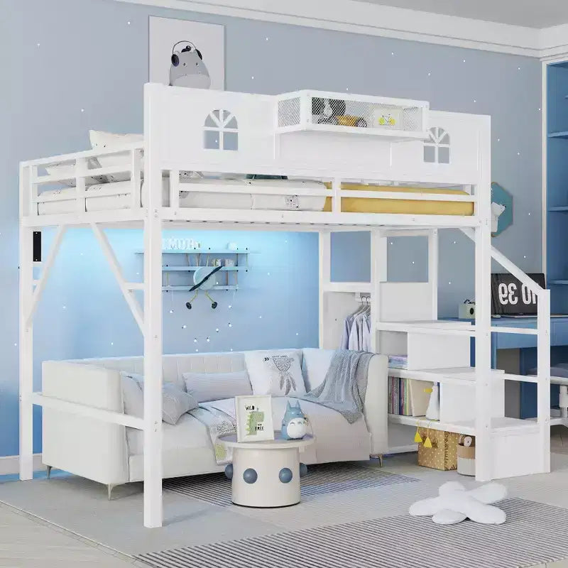 Lit mezzanine ModernLuxe double/grand format avec escalier et armoire intégrée, cadre de lit en métal avec lumières LED, station de charge USB et étagères de rangement