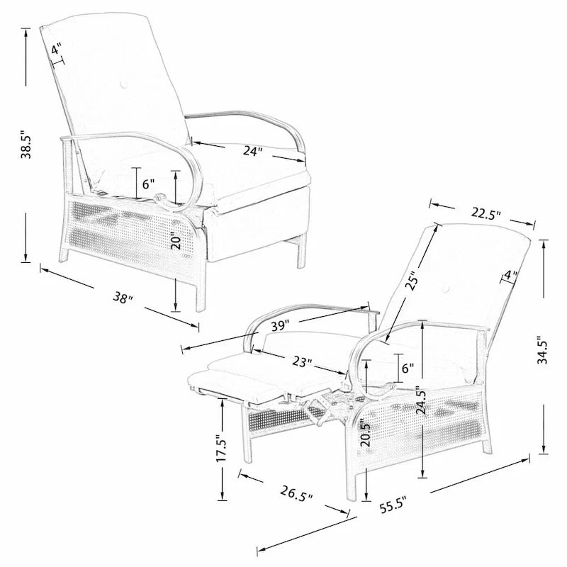 Fauteuil inclinable de salon réglable avec coussin – 38 (P) x 26,5 (L) x 38,5 (H) pouces