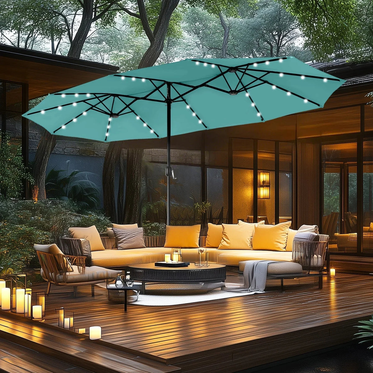 MAISON ARTS Parasol excentré rectangulaire de 4,5 m avec manivelle, parasol de marché double face d'extérieur avec lumières LED solaires et base incluse