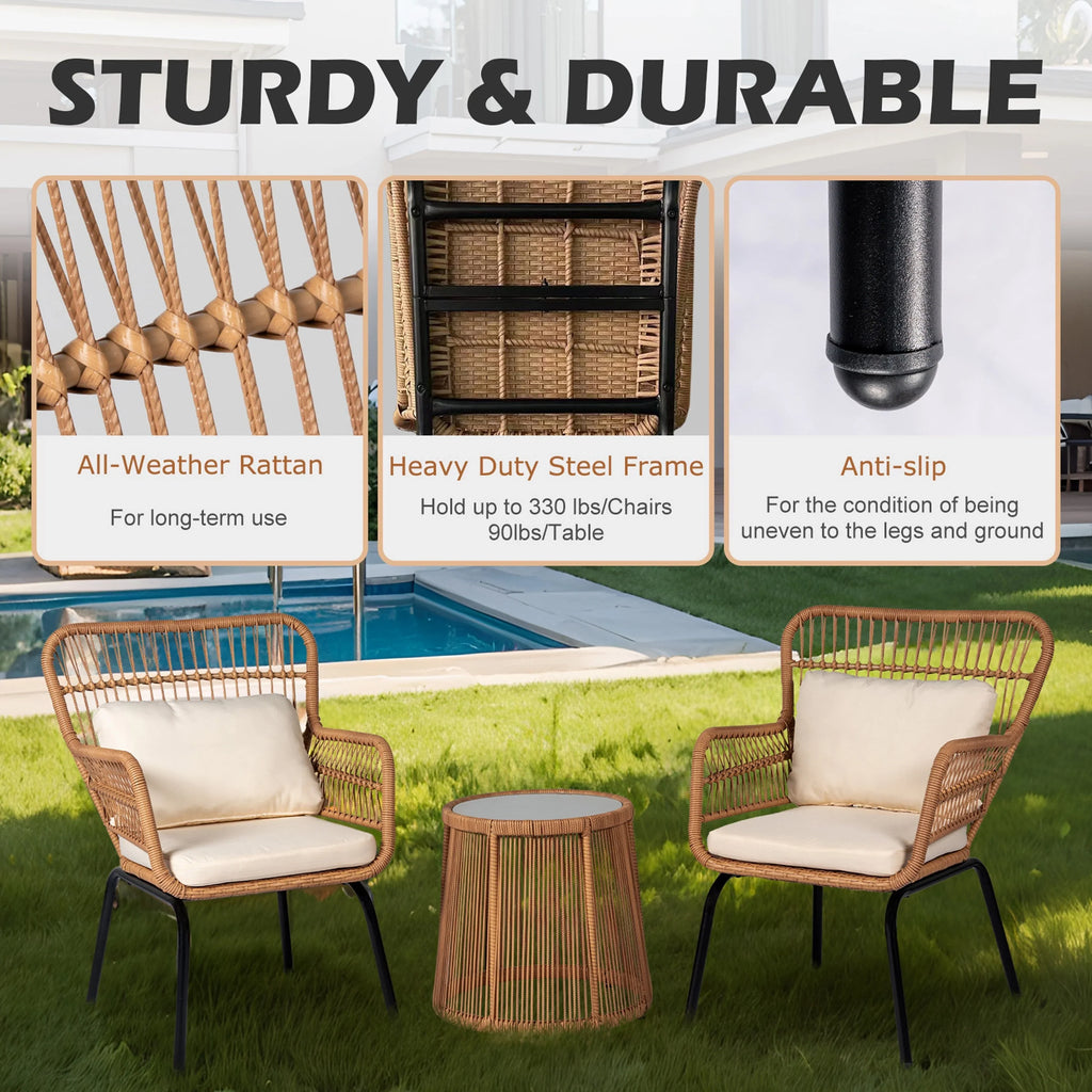 Ensemble bistrot 3 pièces en osier pour conversation, salon de jardin en rotin résistant aux intempéries avec coussins