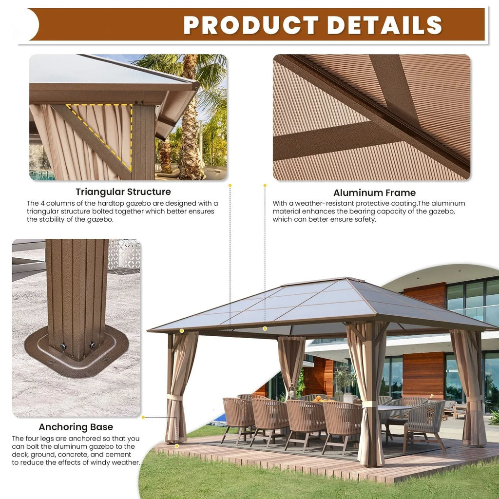 Tonnelle EROMMY à toit rigide, pergola extérieure avec double toit, moustiquaire et rideaux, auvent robuste pour patio, jardin, fête au bord de la piscine