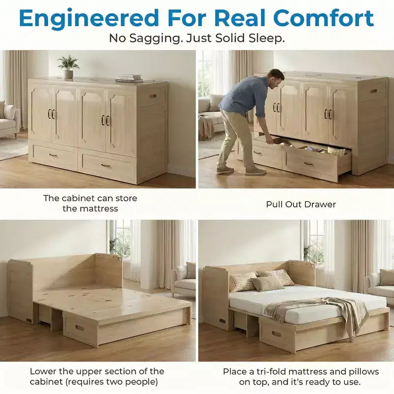 Lit armoire escamotable convertible Mjkone Queen Size avec chargement USB, tiroirs de rangement, matelas non inclus