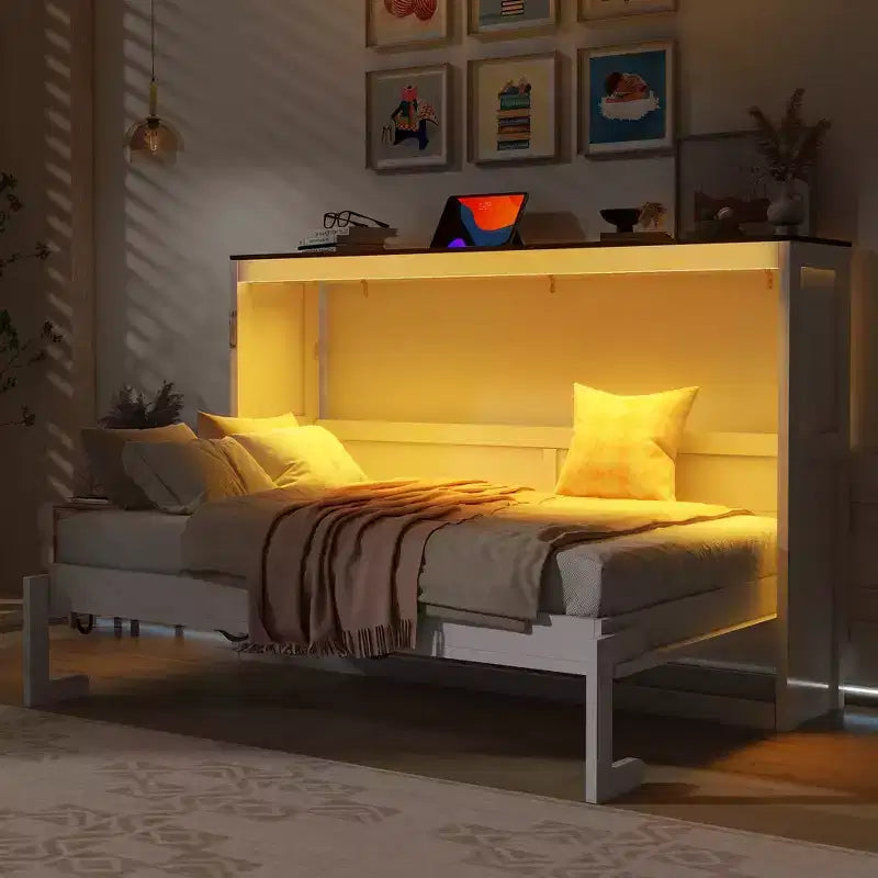 Lit escamotable double avec éclairage LED, peut être plié en armoire, armoire-lit murale dissimulée pour chambre d'amis
