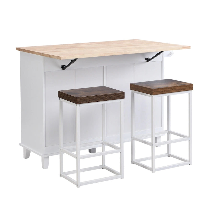 Ensemble d'îlot de cuisine TOPMAX avec abattant et 2 tabourets, ensemble de table à manger avec étagère réglable, tiroirs et porte-serviettes