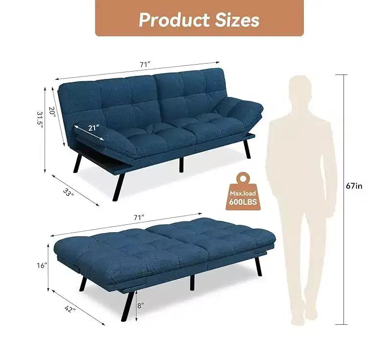 Canapé-lit futon convertible avec dossier réglable et accoudoirs amovibles