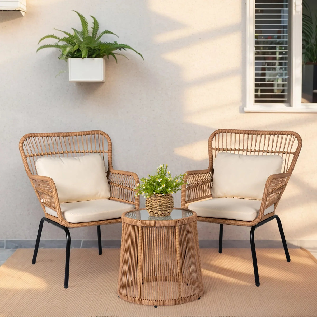 Ensemble bistrot 3 pièces en osier pour conversation, salon de jardin en rotin résistant aux intempéries avec coussins