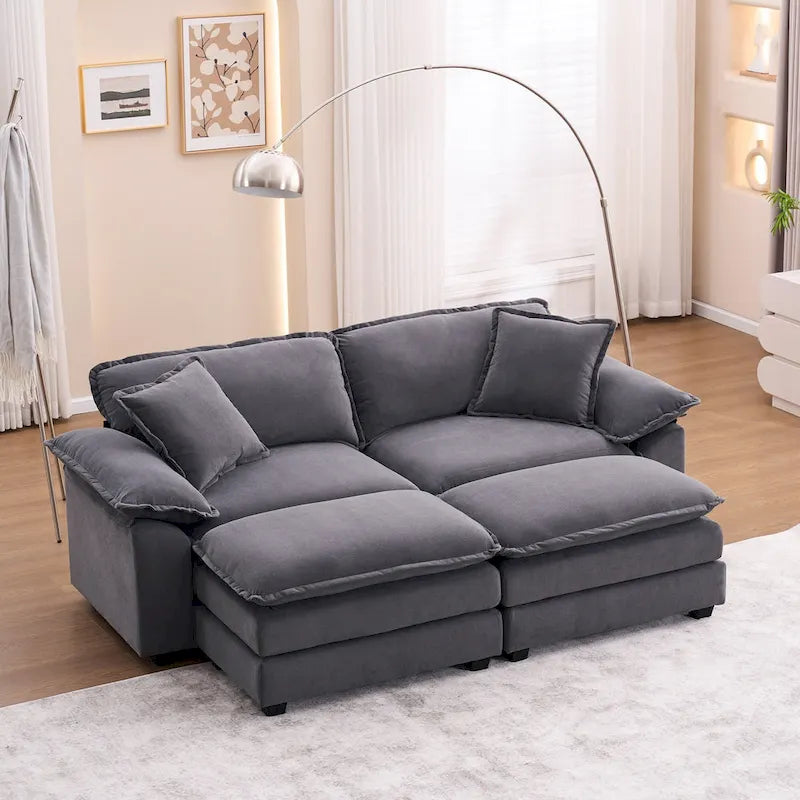 Canapé 2 places avec 2 coussins de siège, 2 oreillers et 2 poufs, canapé confortable - Canapé profond de salon, canapé modulable