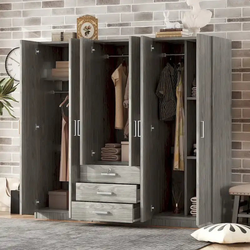 Armoire 6 portes en bois avec 3 grands tiroirs de rangement pour chambre à coucher