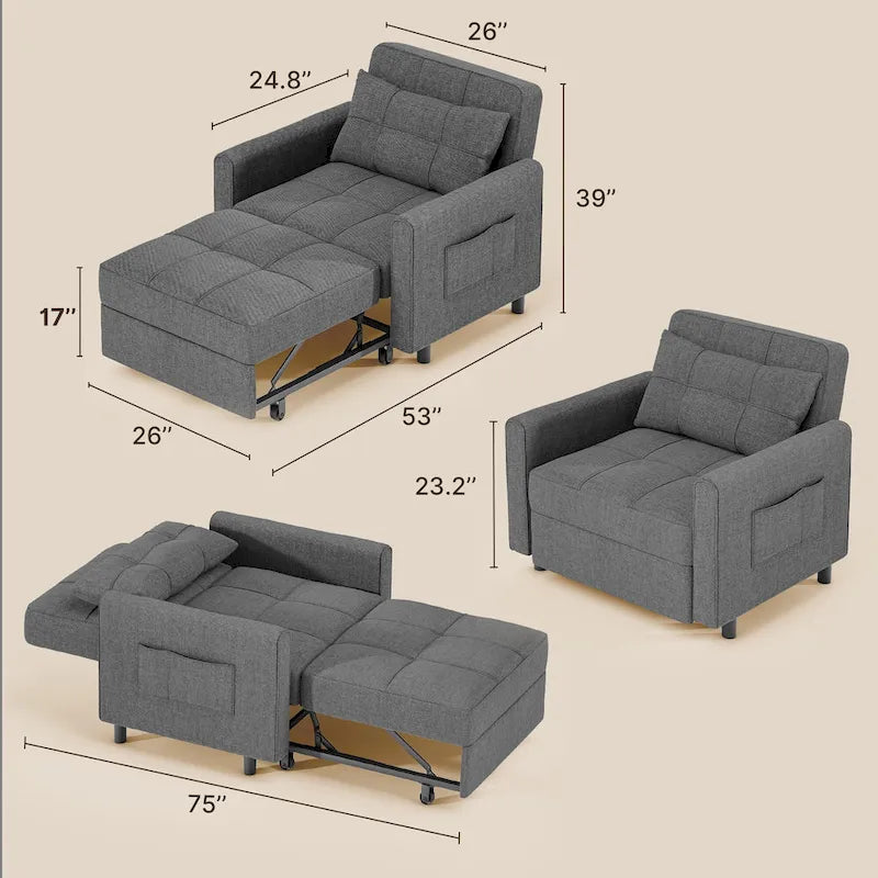 Canapé-lit convertible 3 en 1, chaise longue rembourrée réglable et pliable