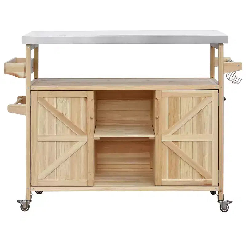 Îlot de cuisine d'extérieur Okak avec plateau en acier inoxydable, chariot de cuisine en bois avec portes, étagères et porte-épices, îlot de cuisine roulant