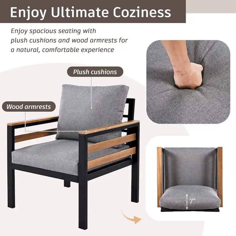 Ensemble de canapés d'extérieur 4 pièces pour 5 personnes avec table basse en bois massif et coussins amovibles