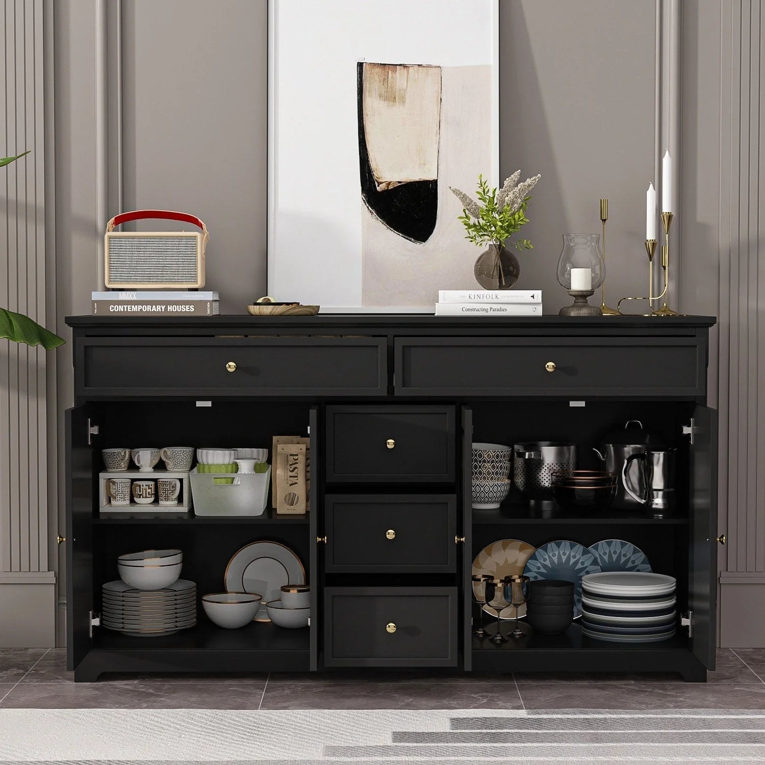 Buffet bahut 150 cm blanc laqué moderne contemporain du milieu du siècle