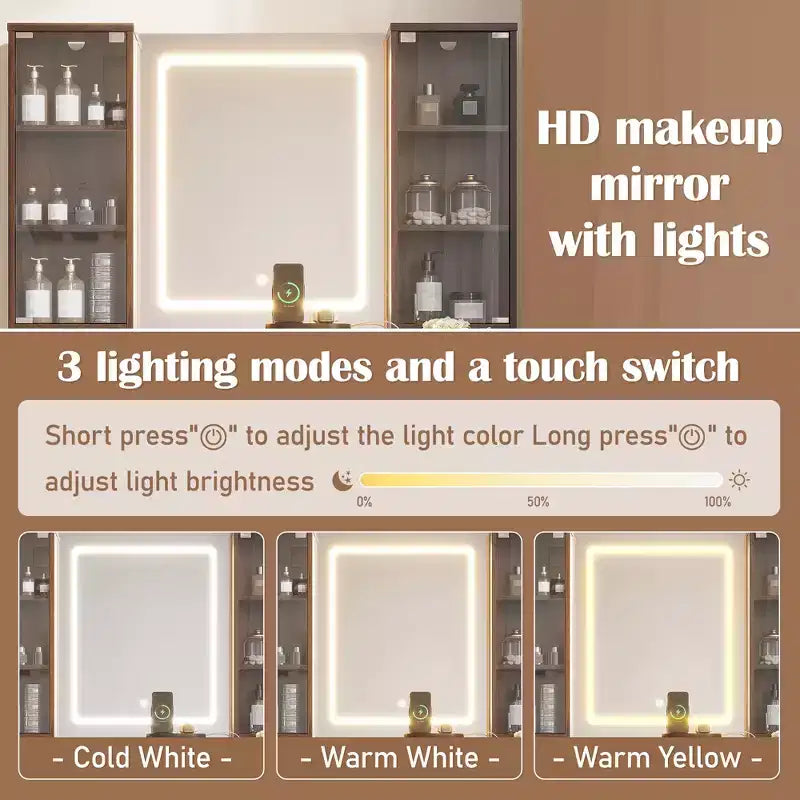 Ensemble de vanité moderne JVNOXK de 43,5 pouces avec miroir et lumière, doté de tiroirs et d'une armoire en verre transparent, inclut un tabouret et une station de recharge, marron