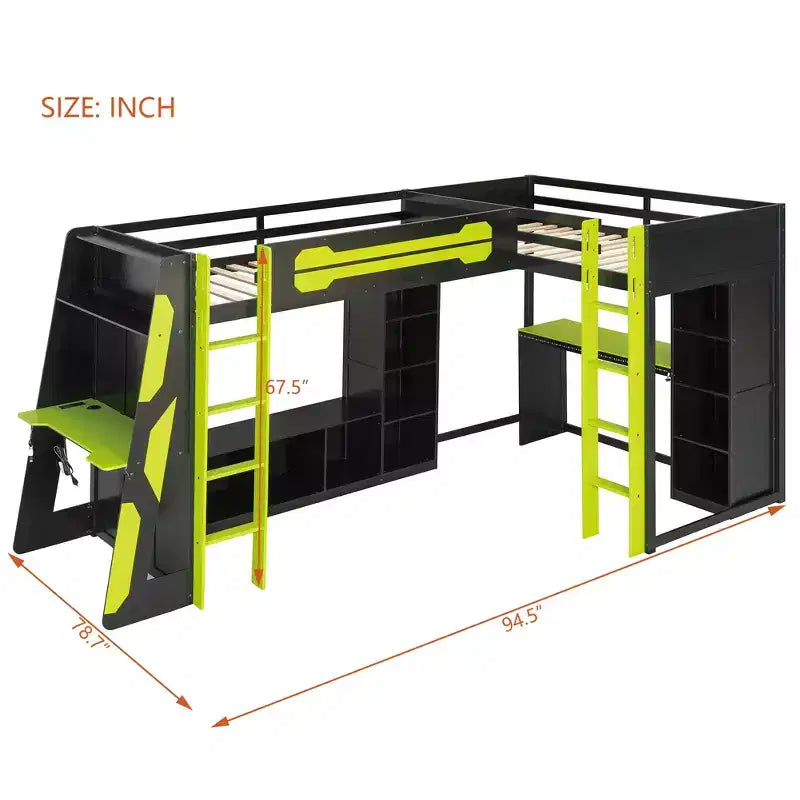 Lit mezzanine de jeu en L avec bureaux, lits superposés doubles avec lumières LED, ports USB, étagères de rangement, lit mezzanine d'angle en bois pour 2 personnes