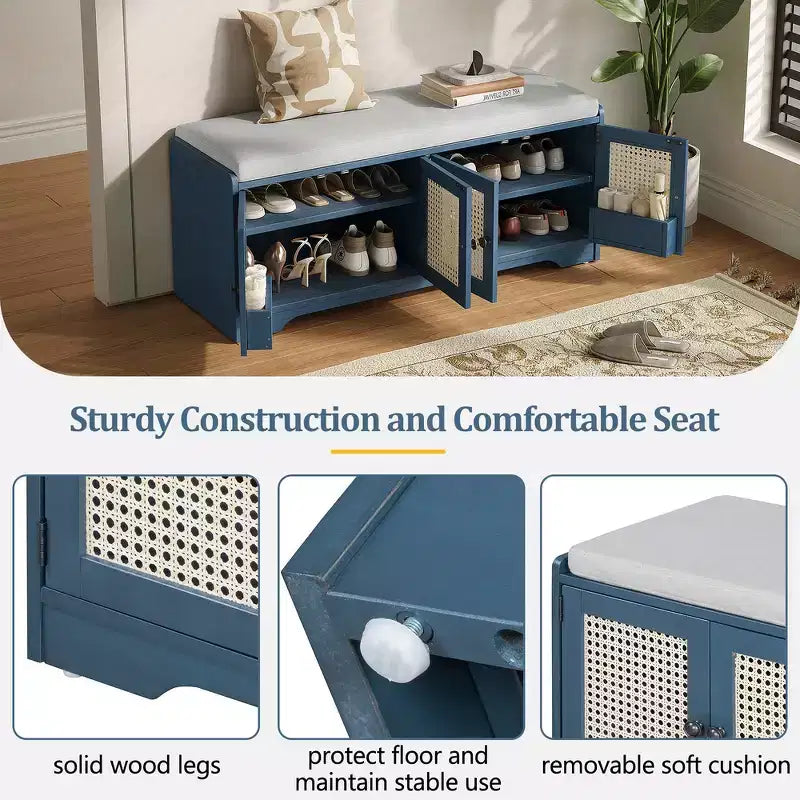 Banc de rangement rustique en bois Whisen, banc à chaussures d'entrée avec coussin amovible, étagères réglables