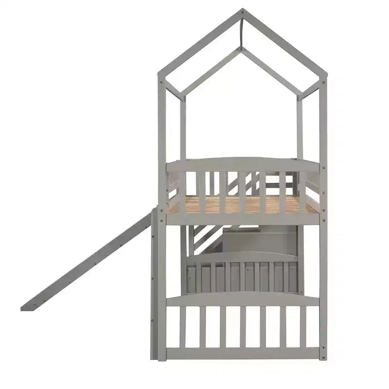 Lit mezzanine jumeau avec toboggan et escalier, lit mezzanine avec tiroirs de rangement, lit mezzanine cabane en bois pour enfants et tout-petits
