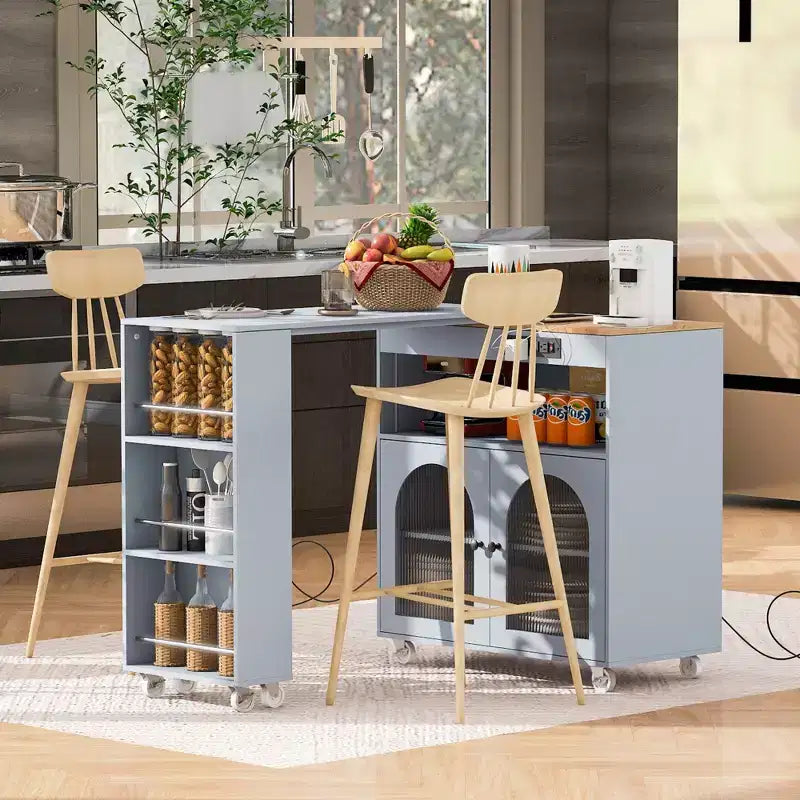 Îlot de cuisine roulant avec 2 portes en verre, Desserte de cuisine avec table extensible et prises de courant, Îlot de cuisine avec étagères ouvertes latérales