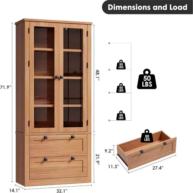 Vaisselier de cuisine de ferme avec portes vitrées, Armoire de rangement de 183 cm avec tiroirs et étagères réglables pour salle à manger, salle de bain, salon