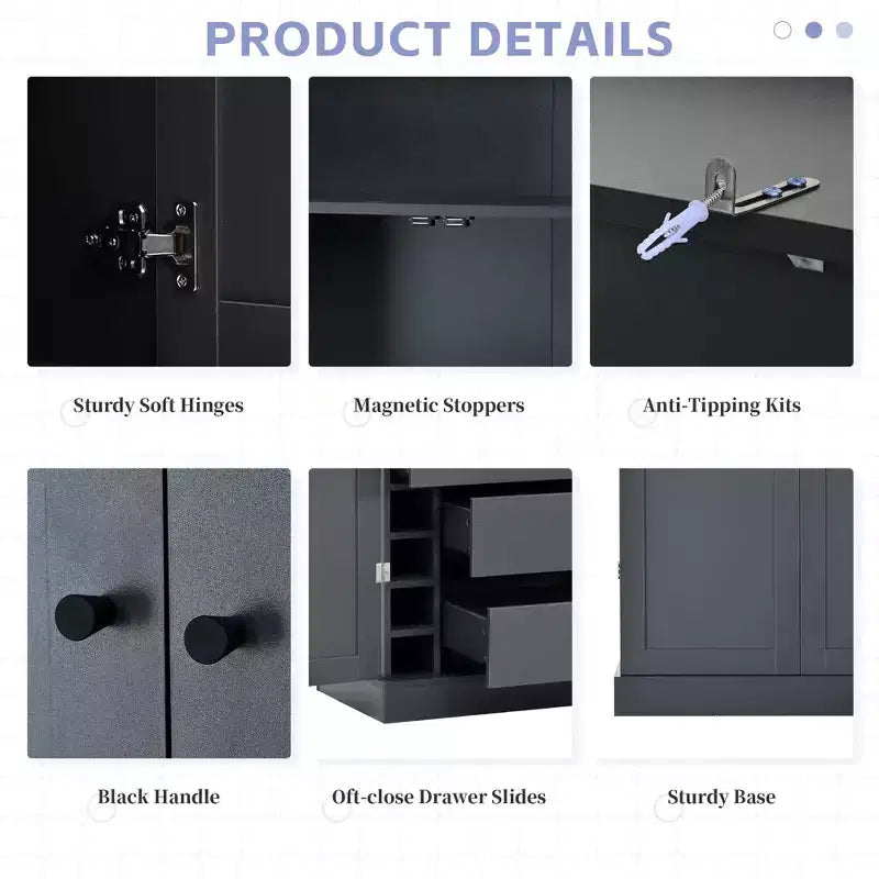 Garde-manger de cuisine autoportant 77H, armoire de rangement de style ferme avec étagères réglables, étagères de porte, tiroirs et casiers à vin - ModernLuxe
