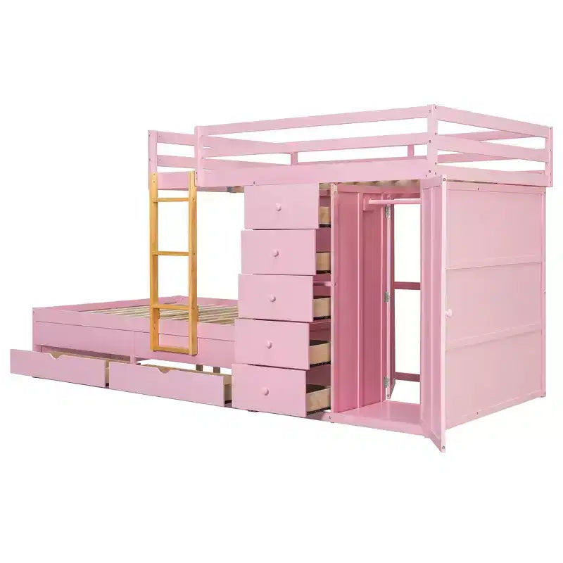 Lit superposé double sur double avec armoire de rangement et tiroirs, lit superposé double en bois peu encombrant avec garde-corps pour appartement, chambre à coucher