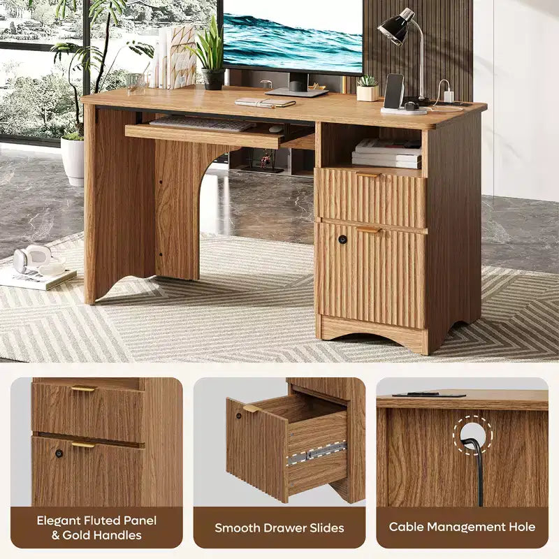 Bureau d'ordinateur intelligent Bestier 55, bureau en chêne avec tiroirs de classement et prise de courant, bureau de direction avec rangement ouvert et tiroir à clavier