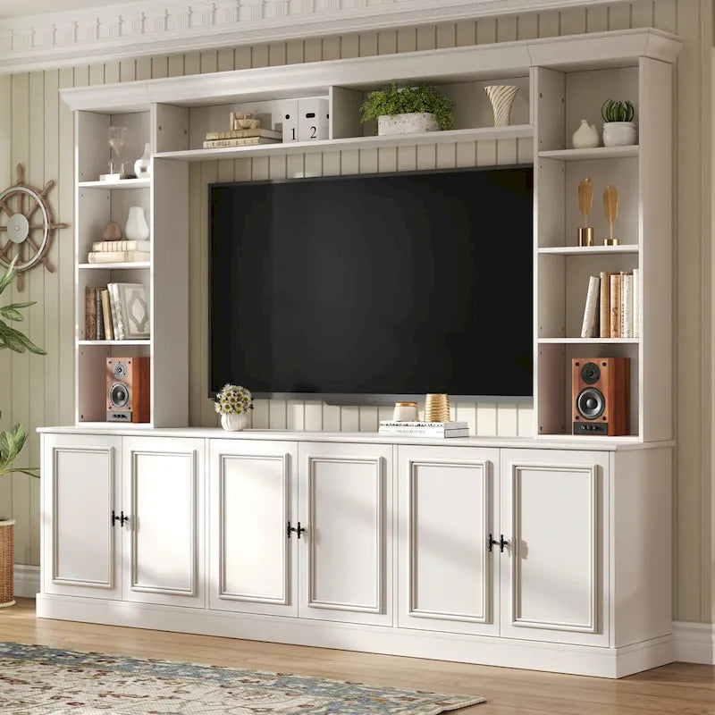 Ensemble mural de 4 meubles TV avec pont pour téléviseurs jusqu'à 70 pouces, meuble TV avec étagères réglables, grande console multimédia