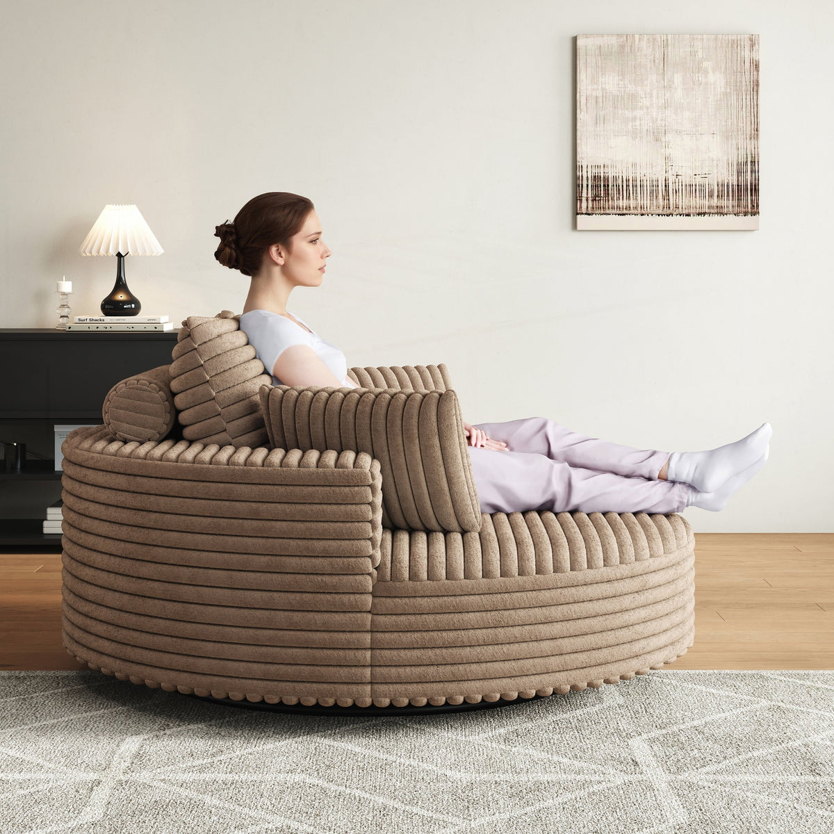 Fauteuil pivotant simple en velours côtelé et chenille avec rembourrage en mousse
