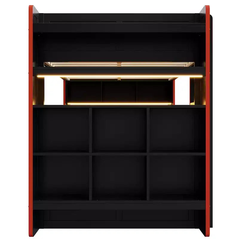 Lit superposé de jeu en bois pleine grandeur avec bureau intégré, étagères de rangement, lumières LED 7 couleurs et station de charge, noir - ModernLuxe