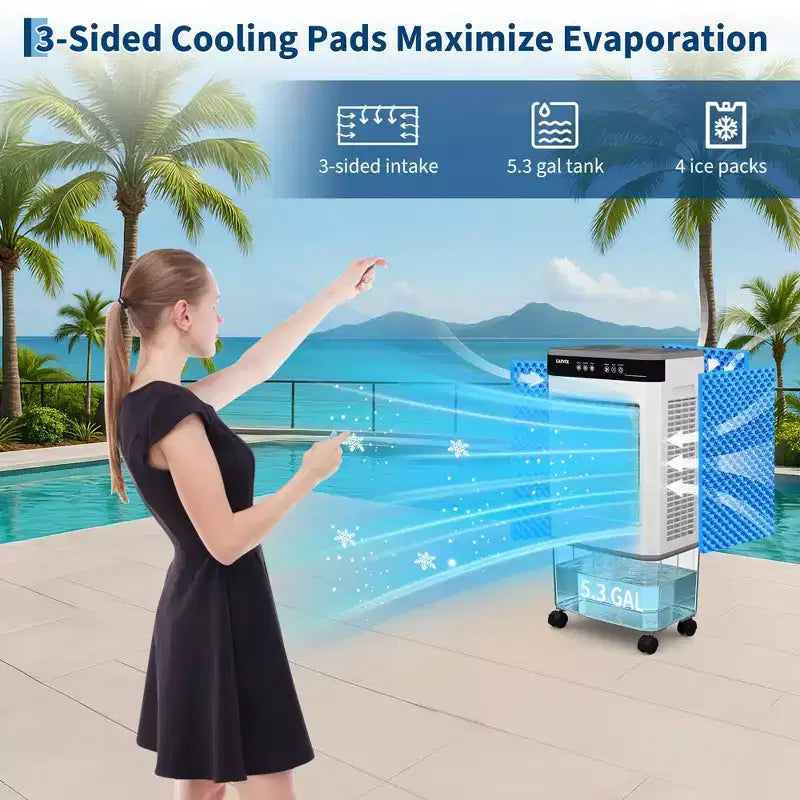 Refroidisseur d'air évaporatif avec réservoir d'eau, 4 pains de glace, 3 vitesses, oscillation à 120°, télécommande et minuterie 12h, 150W Portable sur pied