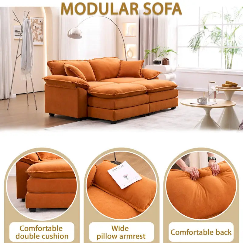 Canapé 2 places avec 2 coussins de siège, 2 oreillers et 2 poufs, canapé confortable - Canapé profond de salon, canapé modulable