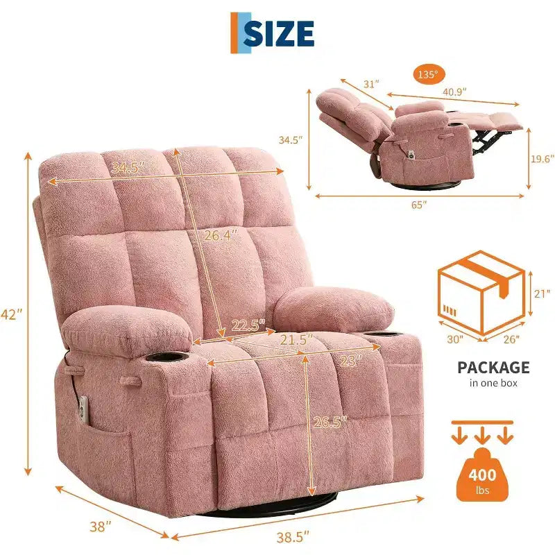 Fauteuil inclinable surdimensionné pour adultes, canapé berçant pivotant manuel, poches latérales et porte-gobelets pour personnes fortes et de grande taille, salon