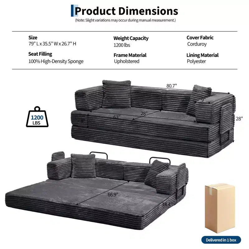 Canapé-lit convertible 5-en-1 80,7 po – Velours côtelé, 1200 lb, aucun assemblage requis