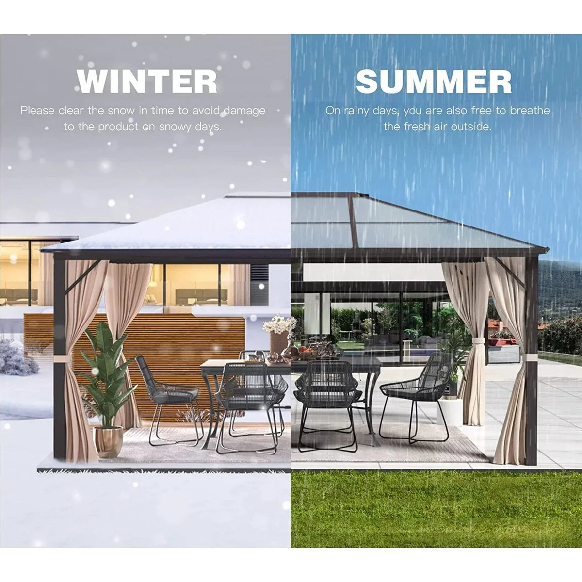 Tonnelle EROMMY à toit rigide, pergola extérieure avec double toit, moustiquaire et rideaux, auvent robuste pour patio, jardin, fête au bord de la piscine