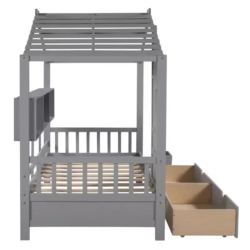 Lit cabane en bois double/complet avec 2 tiroirs, lit pour enfants avec étagère de rangement - ModernLuxe