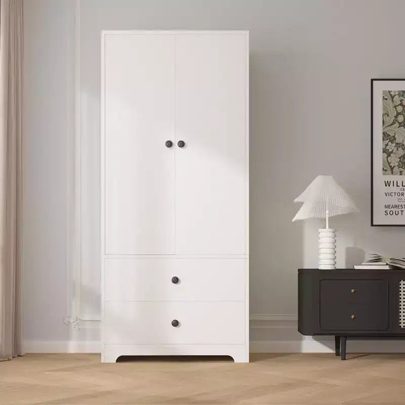 Armoire de chambre moderne en bois de 180 cm avec 2 portes, 2 tiroirs, étagères réglables, armoire de rangement pour vêtements et tringle à vêtements